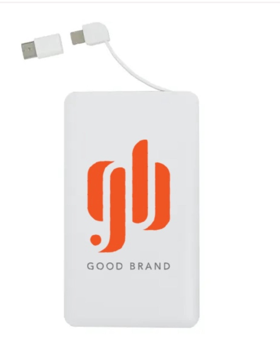 White power bank with orange logo and &