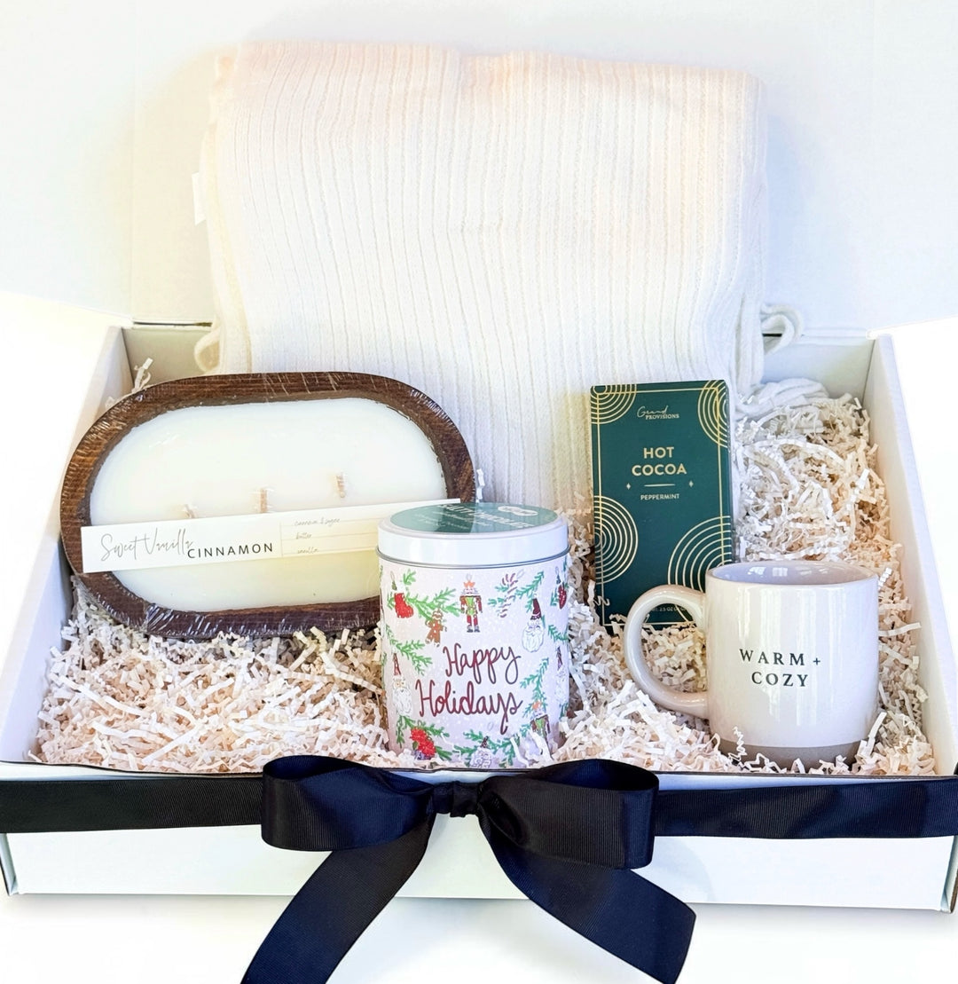 Holiday Hearth Christmas Gift Box | Candle, Faux Cashmere Throw, Hot Cocoa, Mug &amp; Cookies