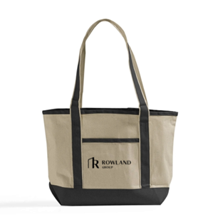 Beige and black tote bag with Rowland Group logo on a white background