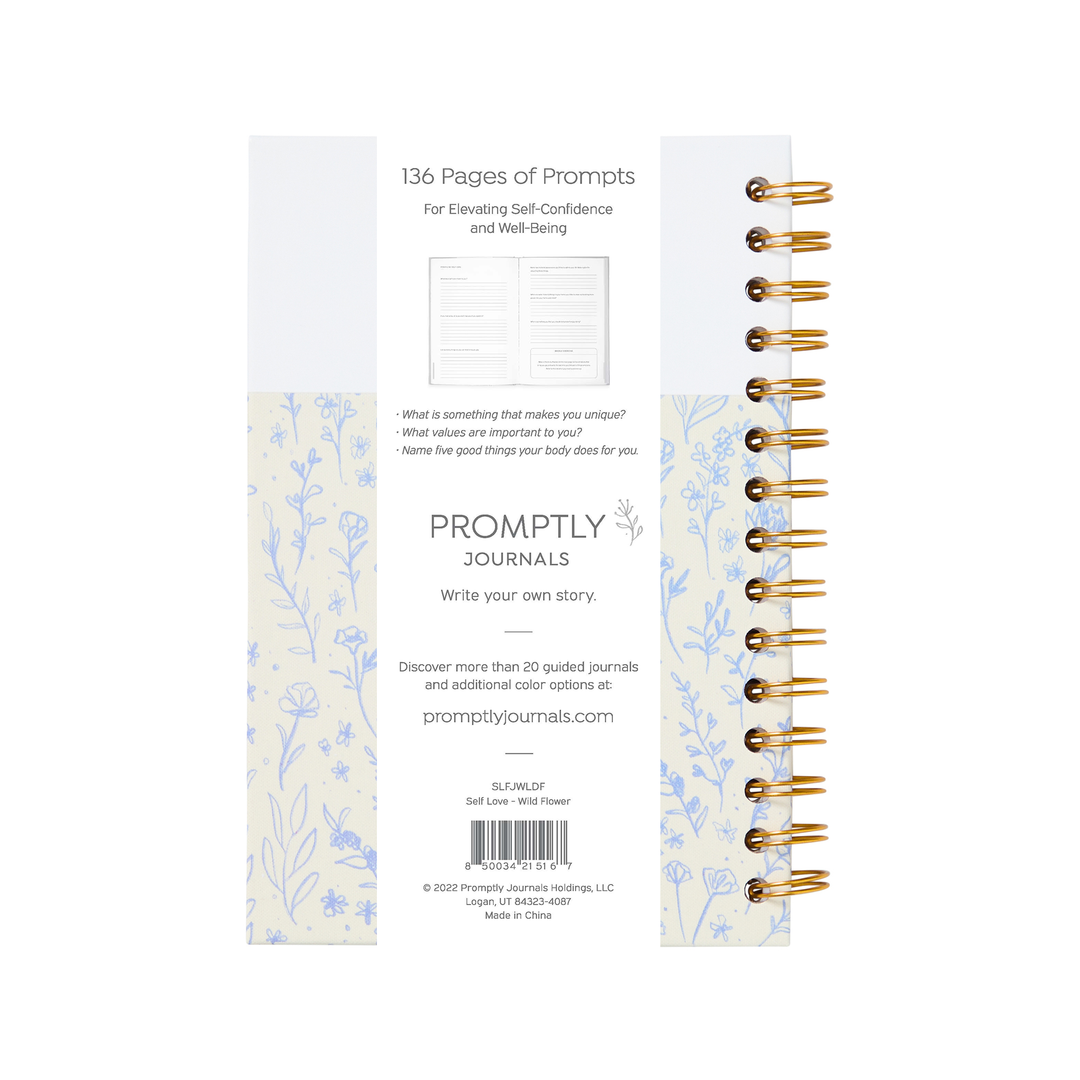 Promptly Journals with floral design and gold spiral binding on a white background