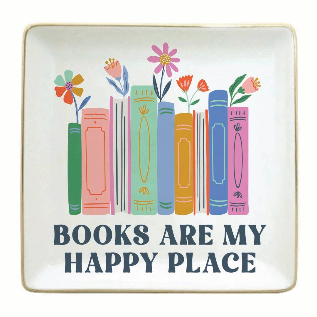 Decorative trinket dish with colorful books and flowers design, featuring the text 'Books are my happy place'.
