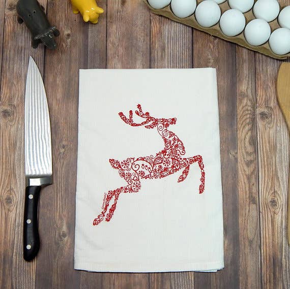 Reindeer Holiday Christmas Flour Sack Tea Towel: Red