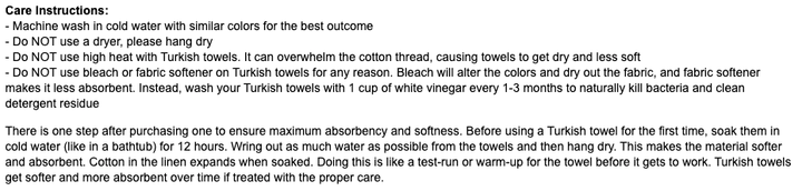 Turkish towel care instructions text on a white background