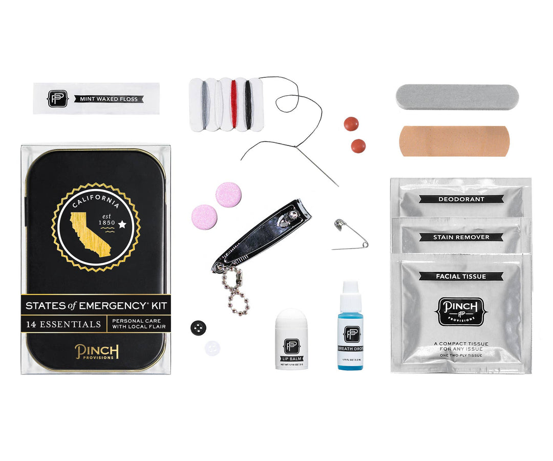 Collection of personal care items including a bandage, nail file, clothing pin, thread and needle, buttons, lip balm, breath drops, floss, deodorant, stain remover, nail clippers, and facial tissue on a white background.