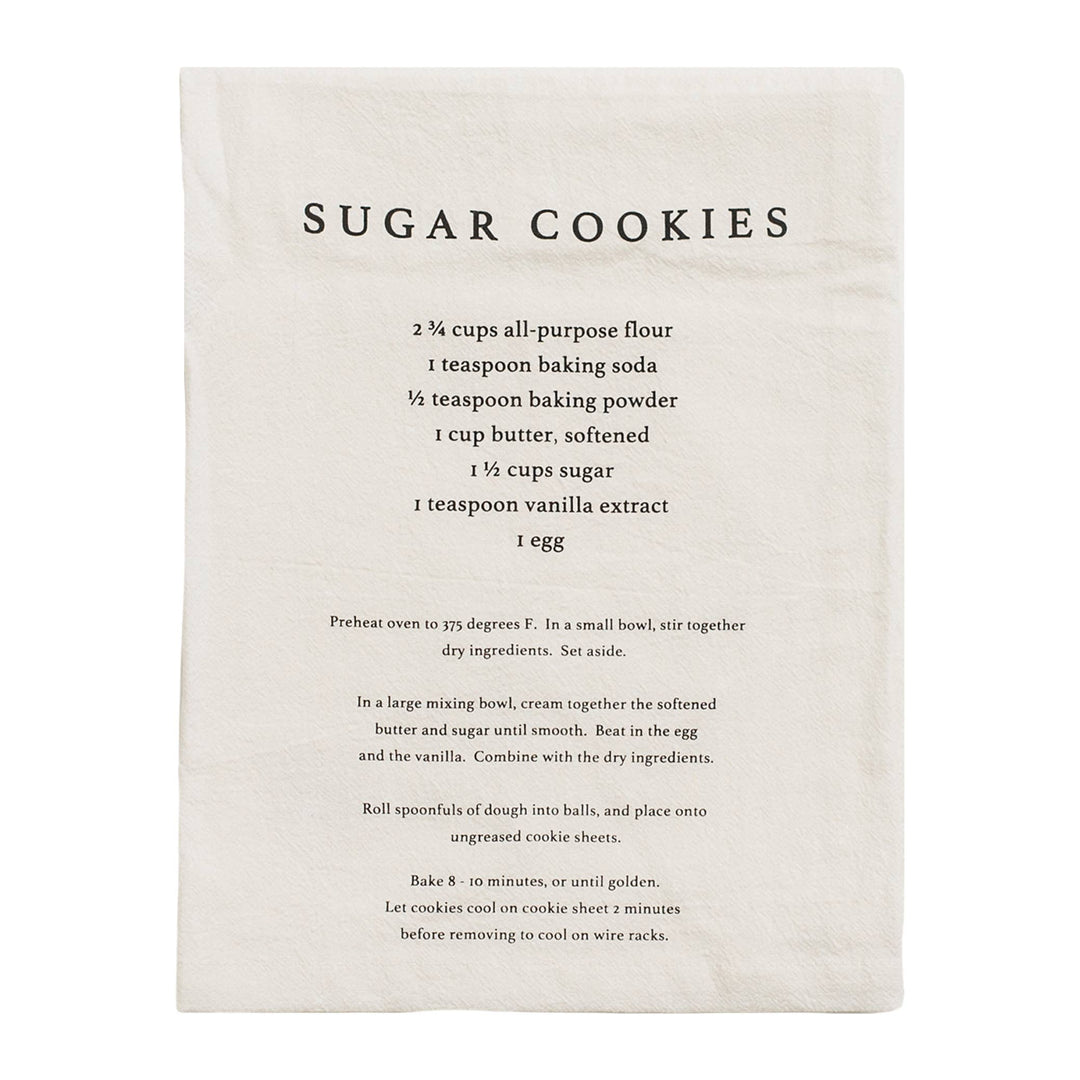 Canvas towel with a sugar cookies recipe printed on it.