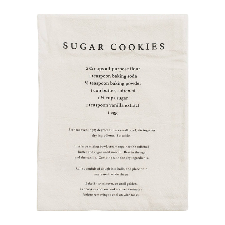 Canvas towel with a sugar cookies recipe printed on it.