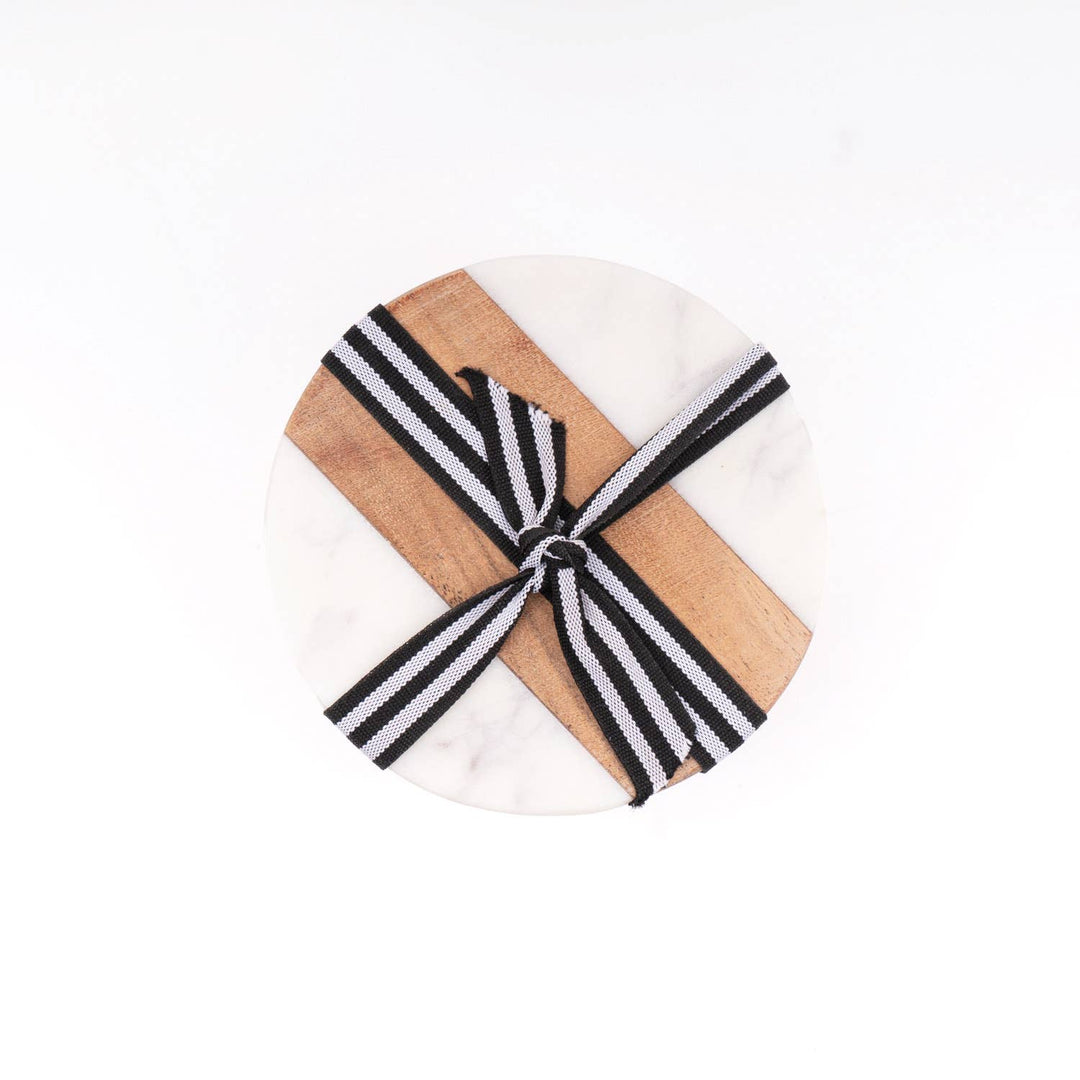 Marble &amp; Wood Round Coaster Set