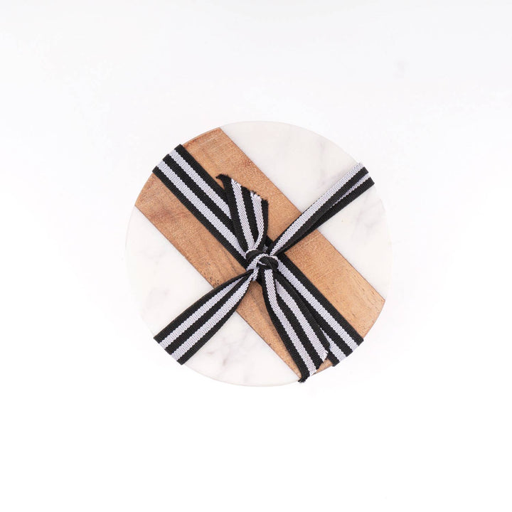Marble &amp; Wood Round Coaster Set