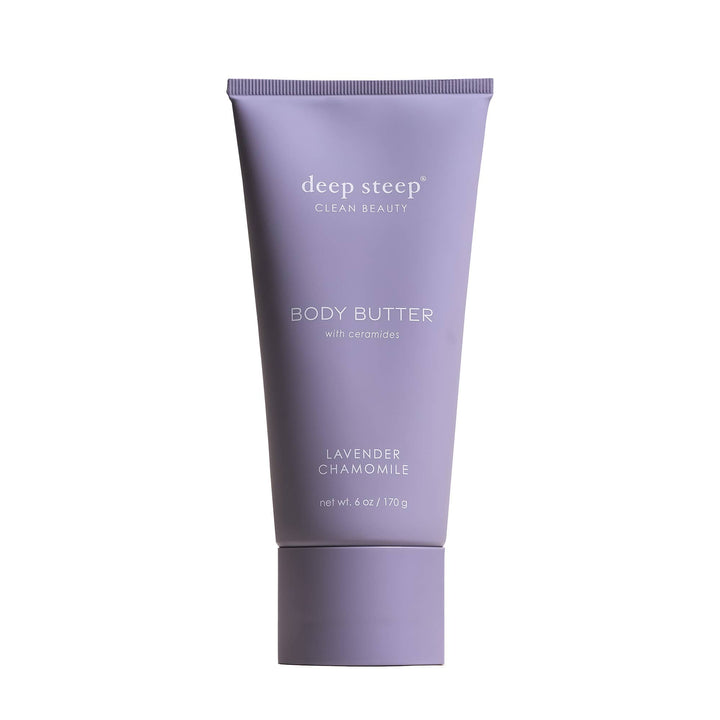 Purple tube of Deep Steep body butter on a white background