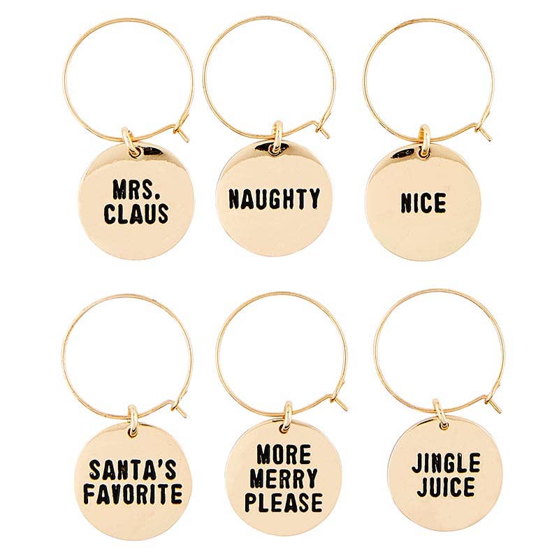 Set of six gold wine glass charms with holiday-themed text on a white background