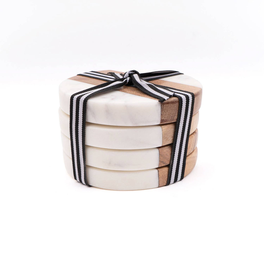 Marble &amp; Wood Round Coaster Set