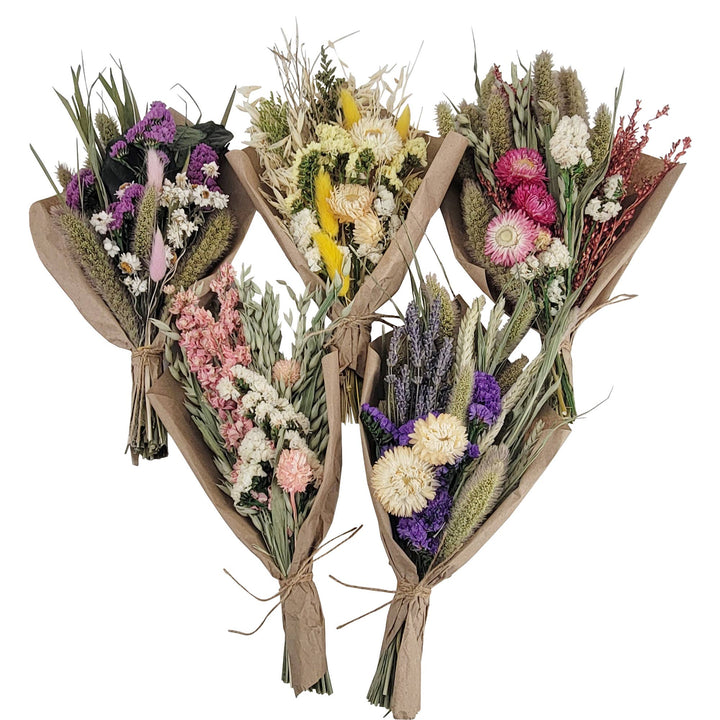 Five bouquets of dried flowers tied with brown paper on a white background.