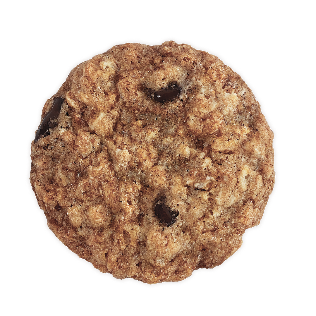 Oatmeal cookie with chocolate chips on a white background