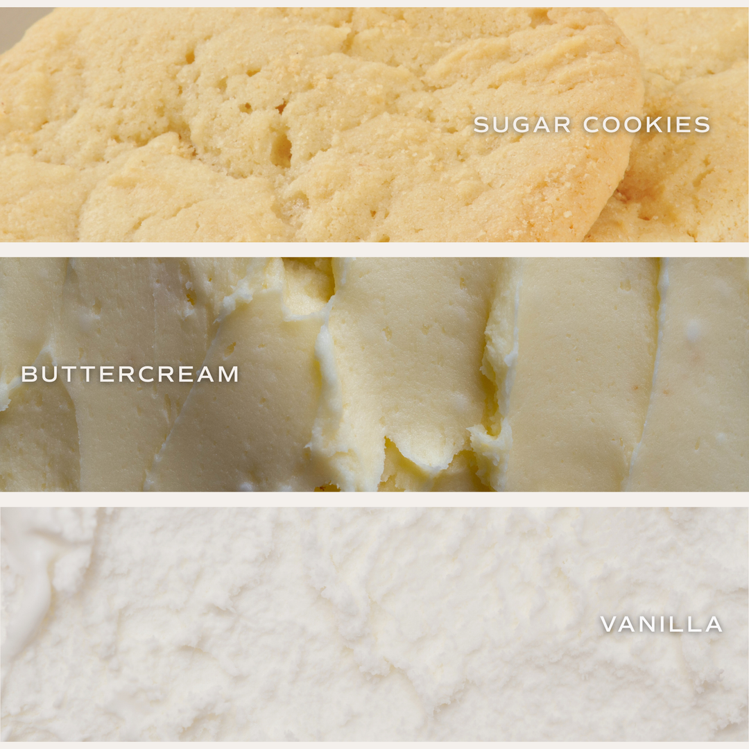 Top image of sugar cookies, middle image of vanilla buttercream, bottom image of vanilla frosting.