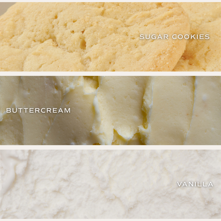 Top image of sugar cookies, middle image of vanilla buttercream, bottom image of vanilla frosting.