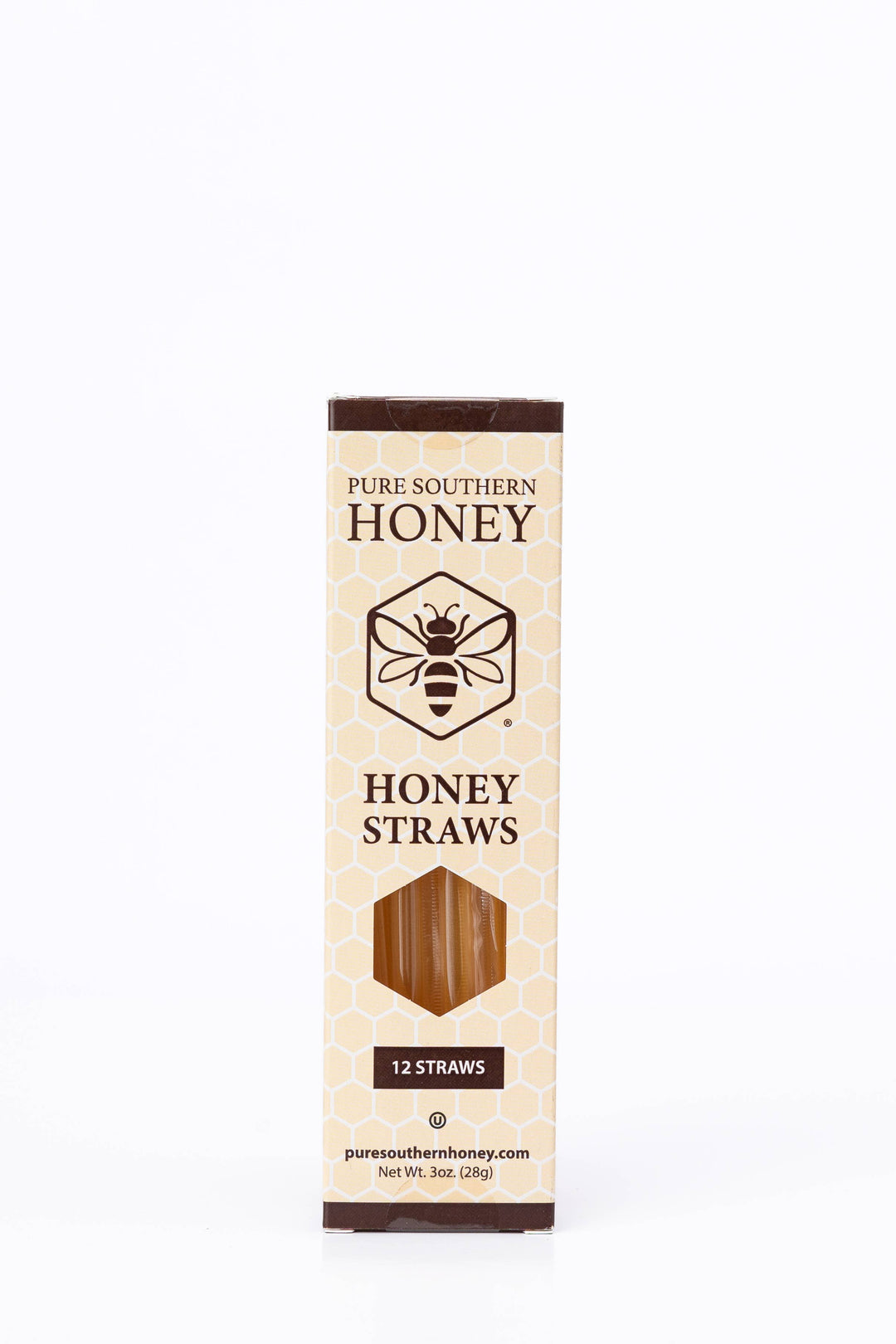 Pack of Pure Southern Honey honey straws on a white background