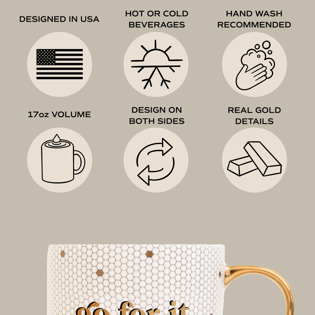 Mug with honeycomb design and gold handle on a plain background with product details.