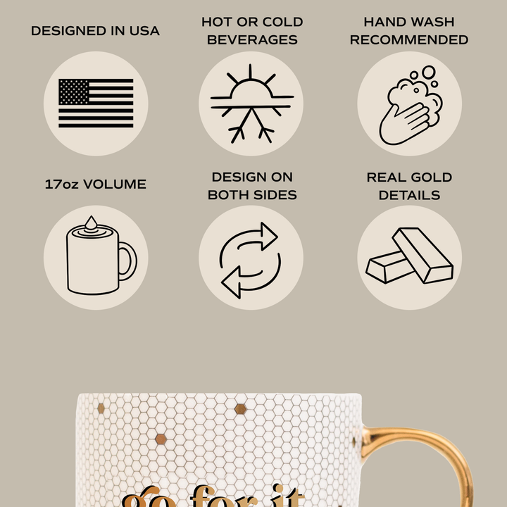 Mug with honeycomb design and gold handle on a plain background with product details.