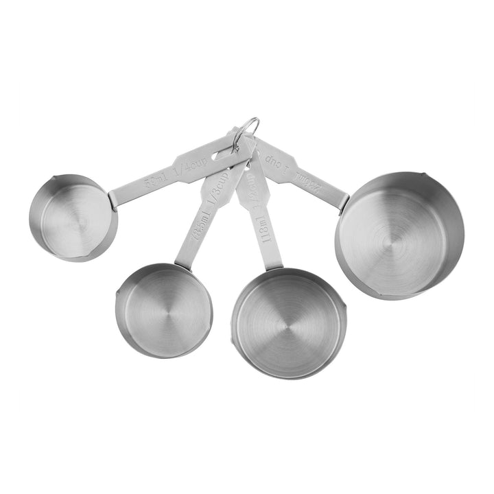 4 different sizes of stainless steel measuring cups connected by a ring. 