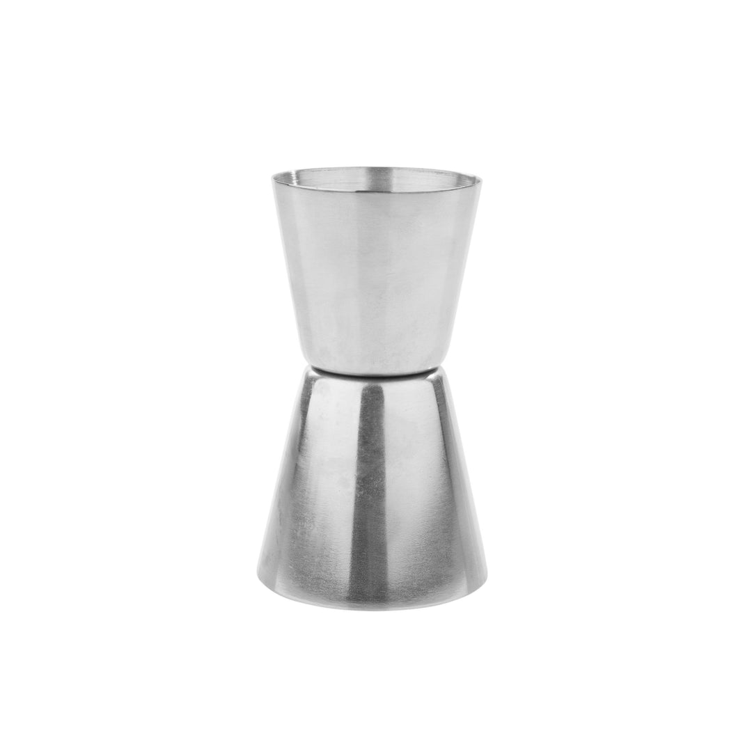 Stainless steel double jigger on a white background