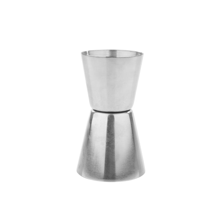 Stainless steel double jigger on a white background