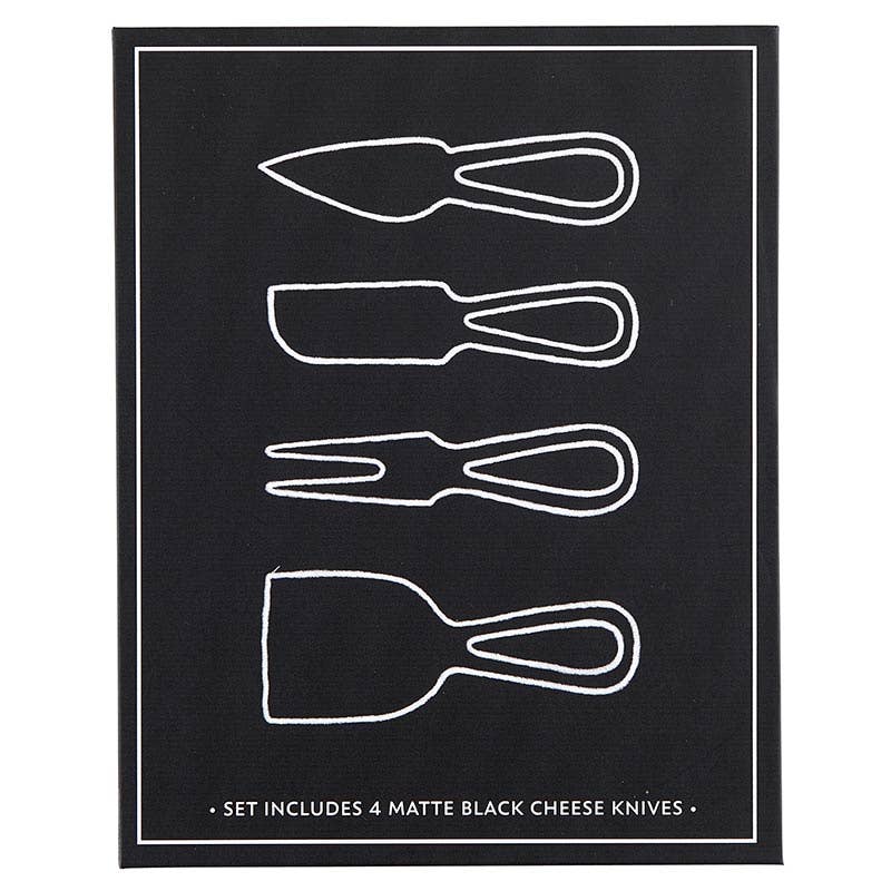 Set of four matte black cheese knives white outlines on a black background.