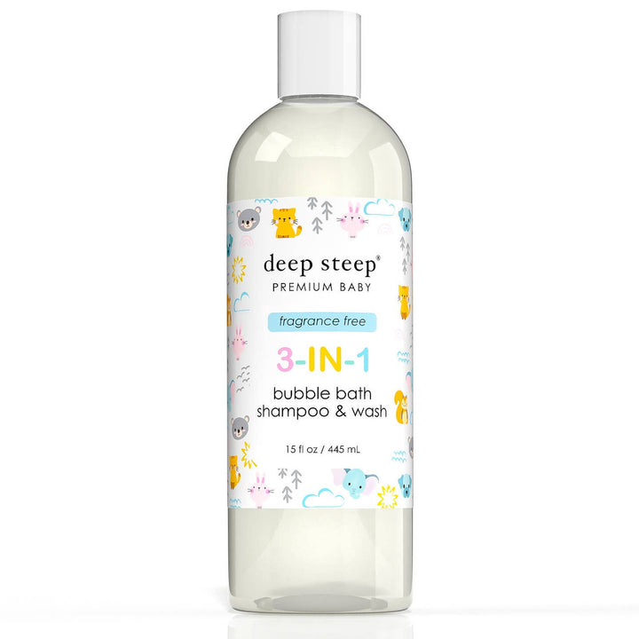 Bottle of deep steep 3-in-1 bubble bath, shampoo &amp; wash on a white background
