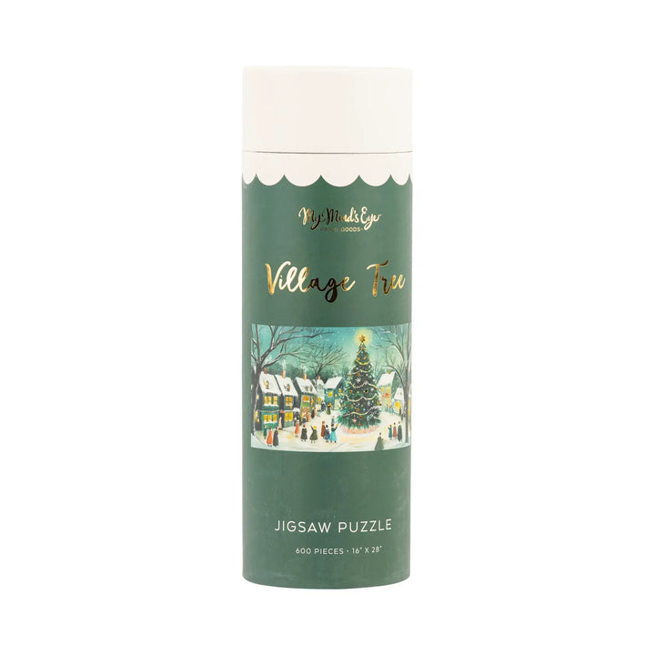 Jigsaw puzzle packaging with a festive village scene on a white background