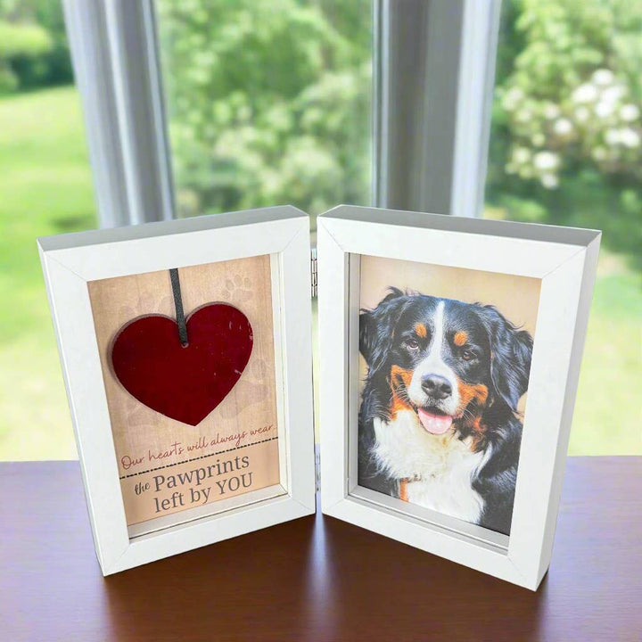 Two photo frames with one featuring a heart and text, the other with a dog&