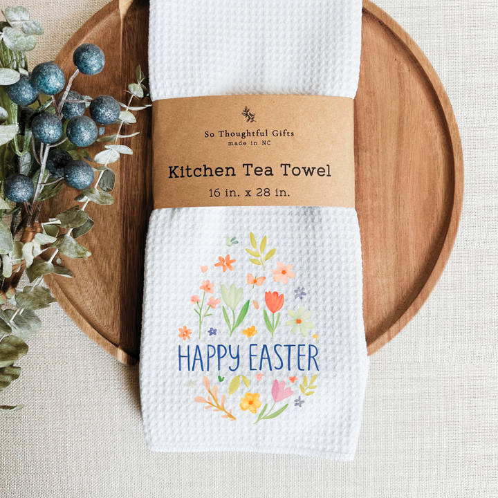 Easter Dish Towel - Happy Easter Floral Egg | Kitchen Towel 