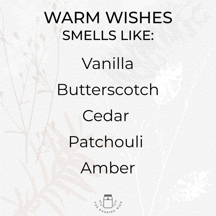 Text on a white background with a list of warm and cozy scents