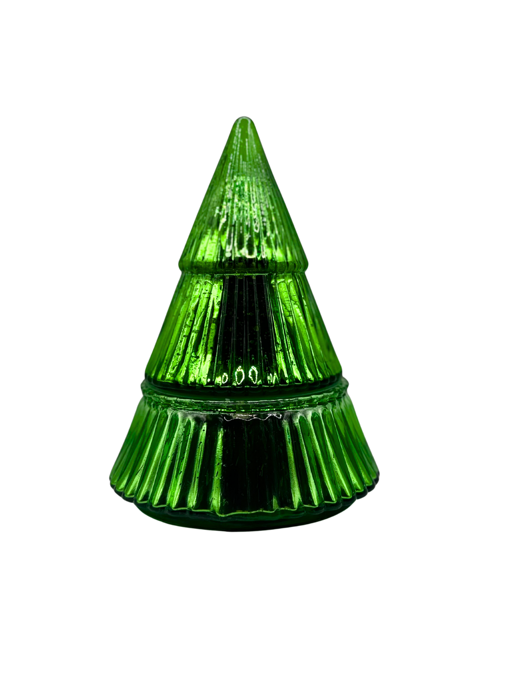 Green glass Christmas tree candle on a white background