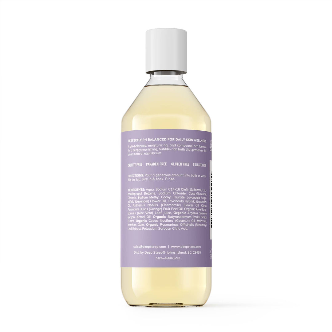 Bottle of bath product with a purple label on a white background