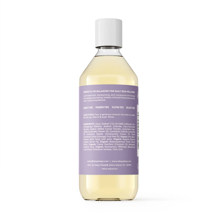 Bottle of bath product with a purple label on a white background