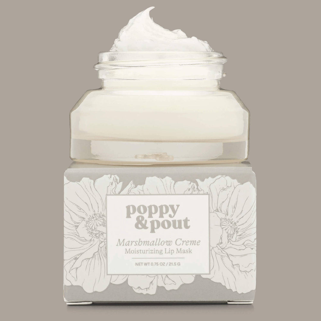 Jar of Marshmallow Creme Moisturizing Lip Mask by Poppy & Pout on a gray background