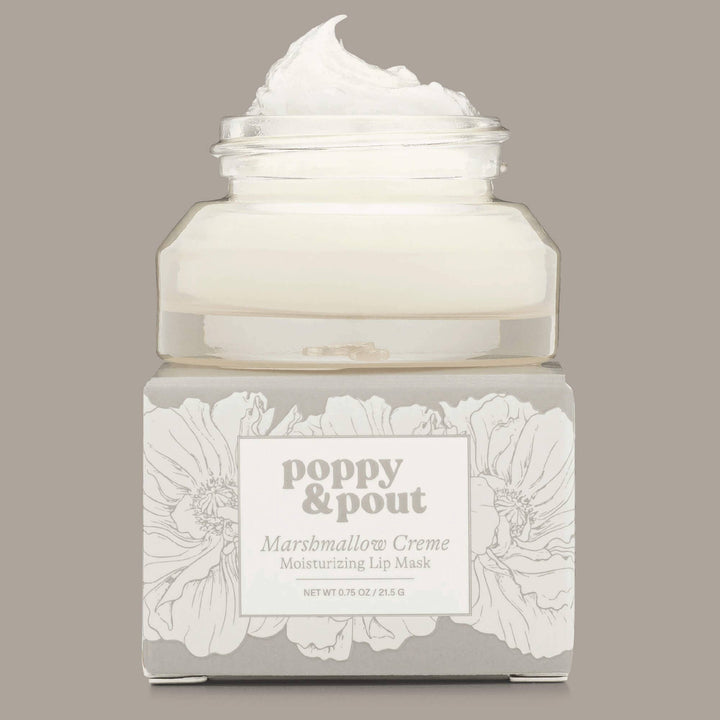 Jar of Marshmallow Creme Moisturizing Lip Mask by Poppy &amp; Pout on a gray background