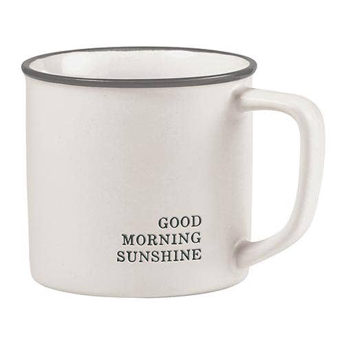 White mug with 'Good Morning Sunshine' text on a white background