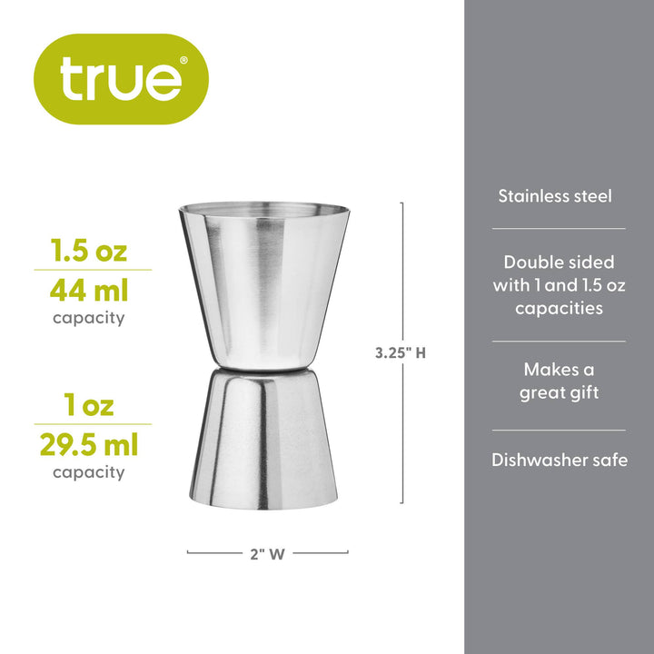 Stainless steel jigger with capacity details and product features on a white background