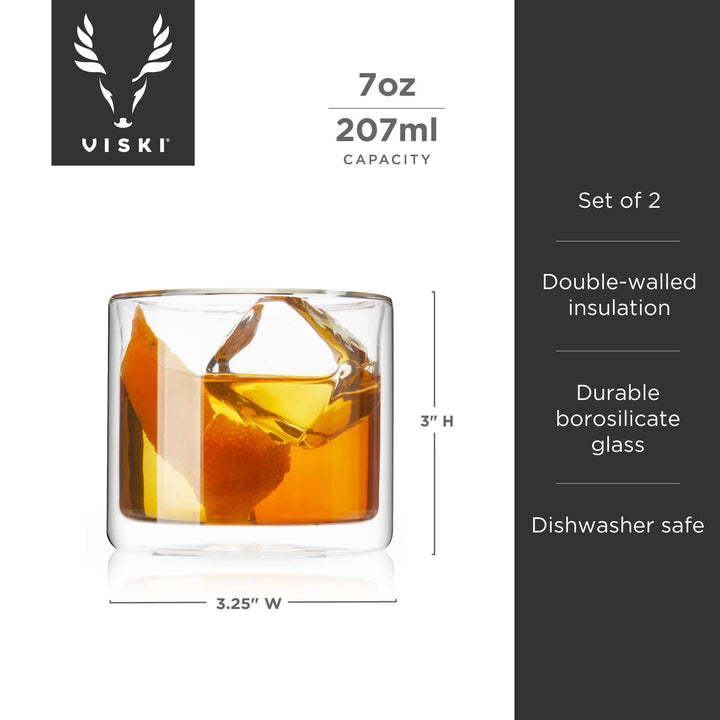 Viski glass with whiskey and ice, showing capacity, set details, and features on a white background.