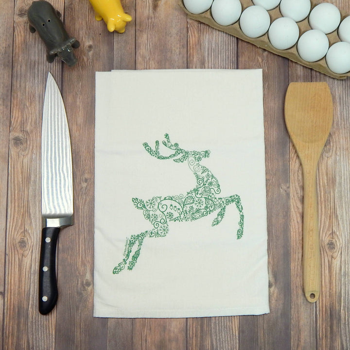 Reindeer Holiday Christmas Flour Sack Tea Towel: Red