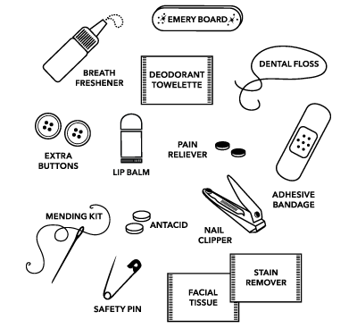 Illustration of various items including a breath freshener, emery board, dental floss, adhesive bandage, and more on a white background.