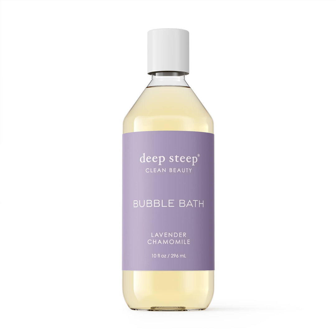 Bottle of Deep Steep Bubble Bath with lavender chamomile scent on a white background