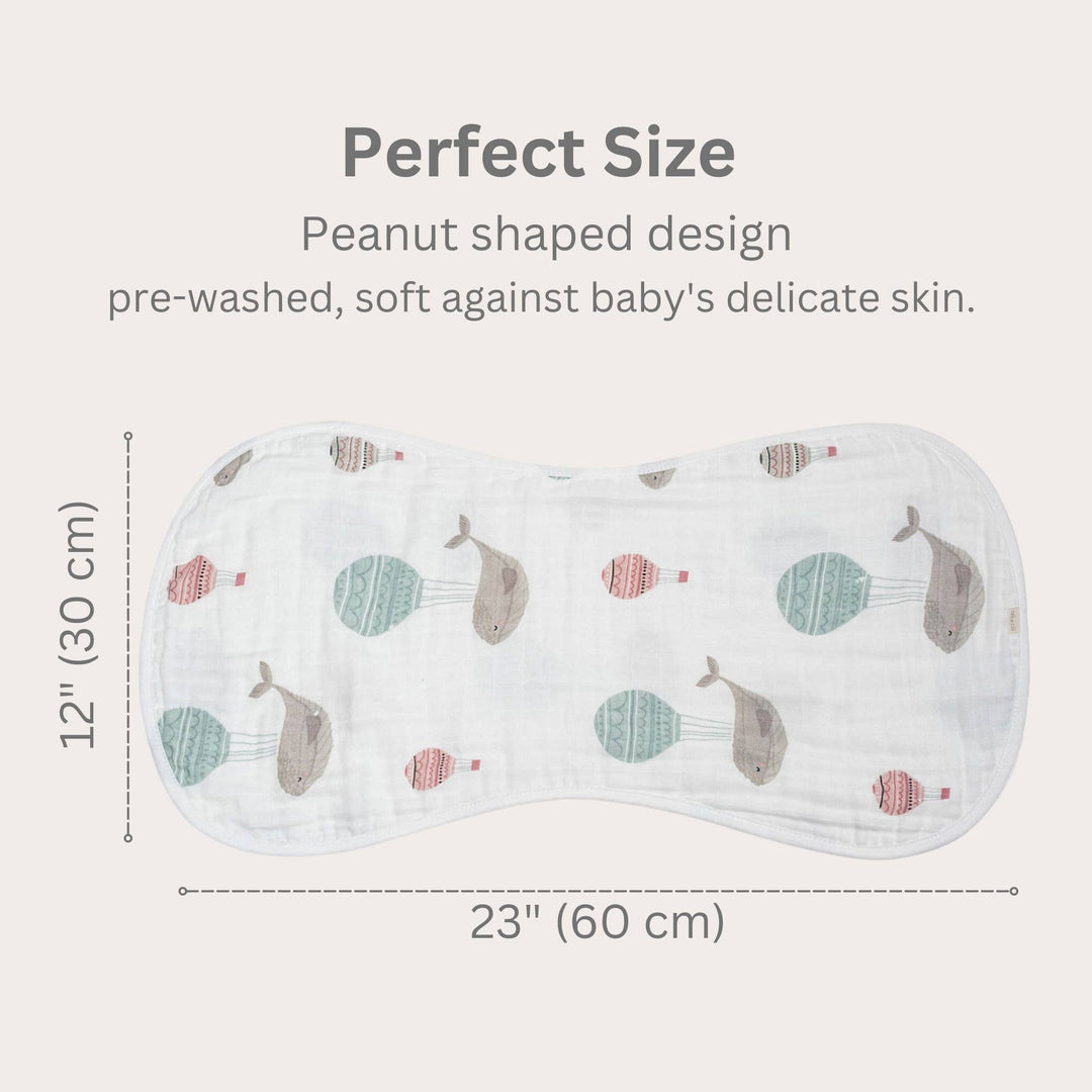 Peanut-shaped design with whale pattern and measurements on a white background.