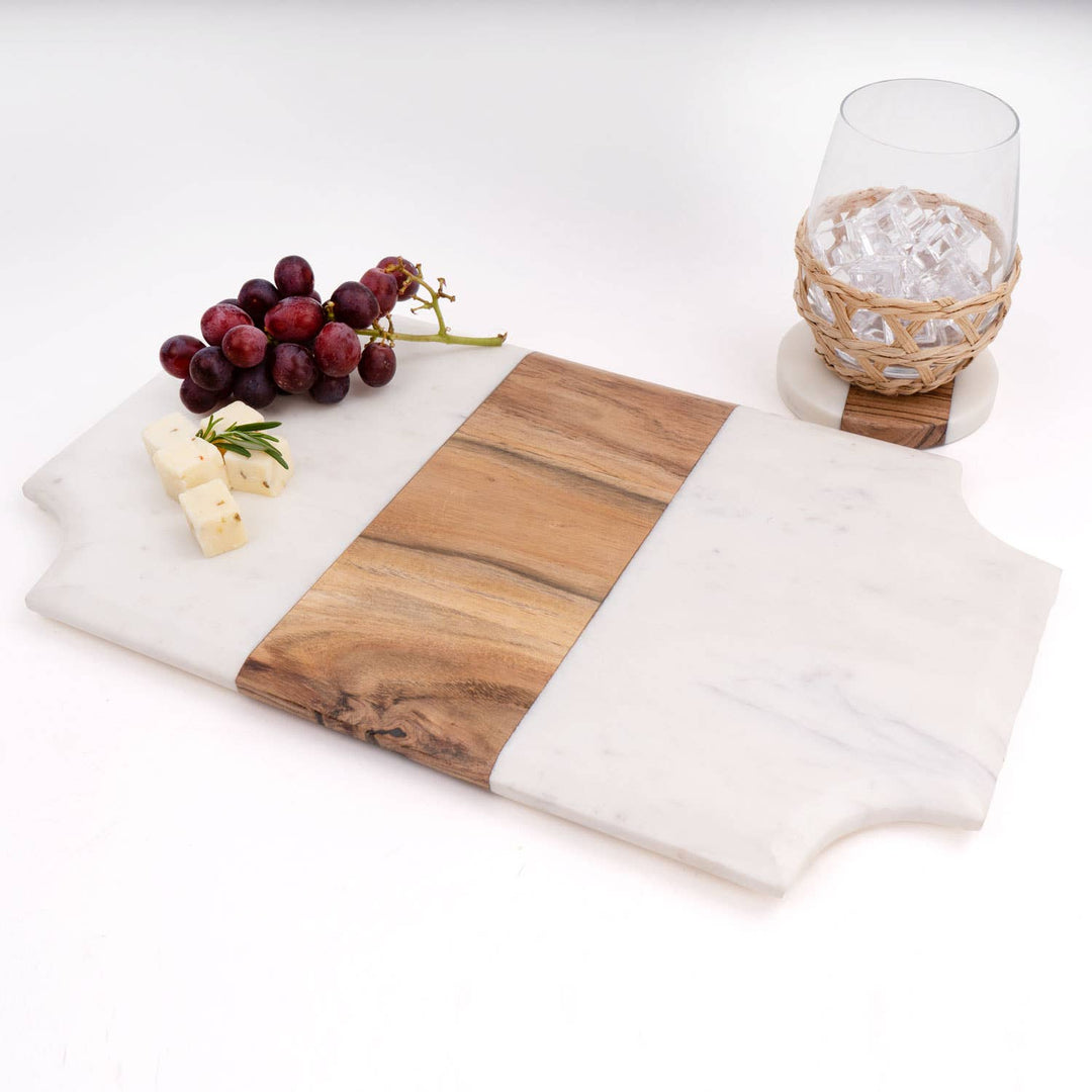 Marble &amp; Wood Round Coaster Set