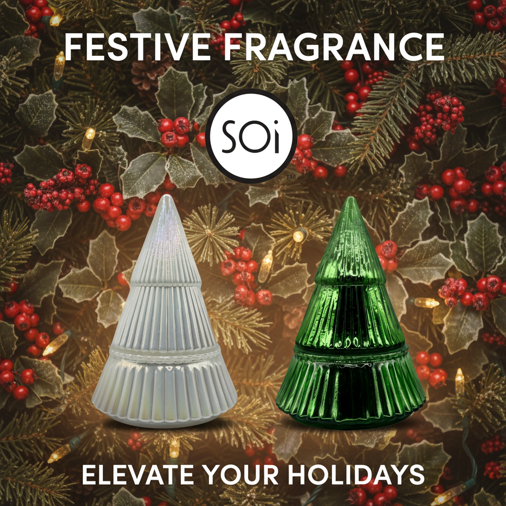 Festive fragrance with white and green Christmas tree-shaped candles on a holly background, featuring the brand &