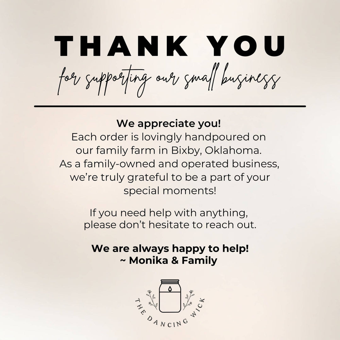 Thank you note from a small business with a family farm location and contact information.