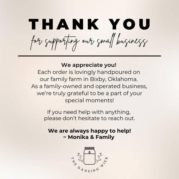 Thank you note from a small business with a family farm location and contact information.