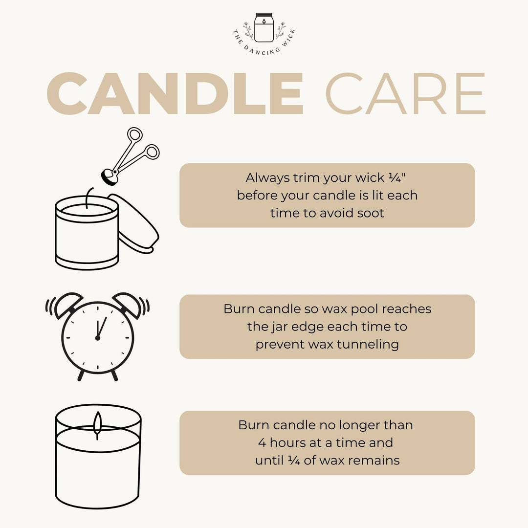 Candle care instructions with illustrations and text on a white background