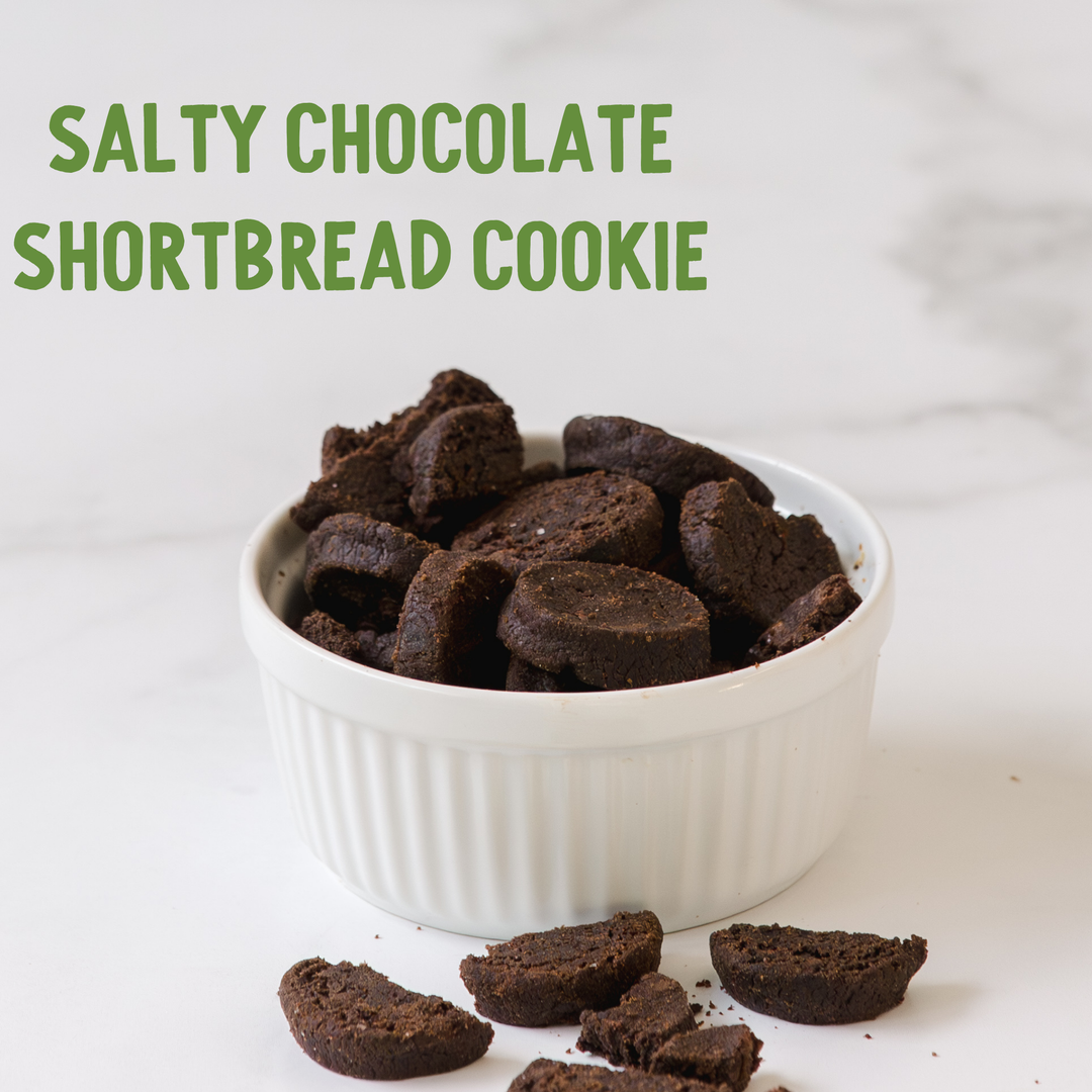 Bowl of salty chocolate shortbread cookies with text on a white background