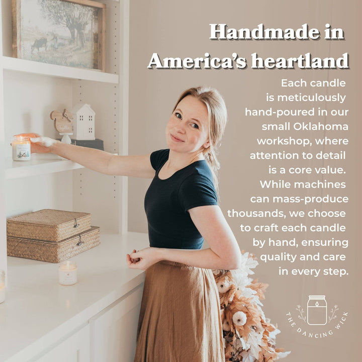 Woman in front of a shelf with text about handmade candles in America&
